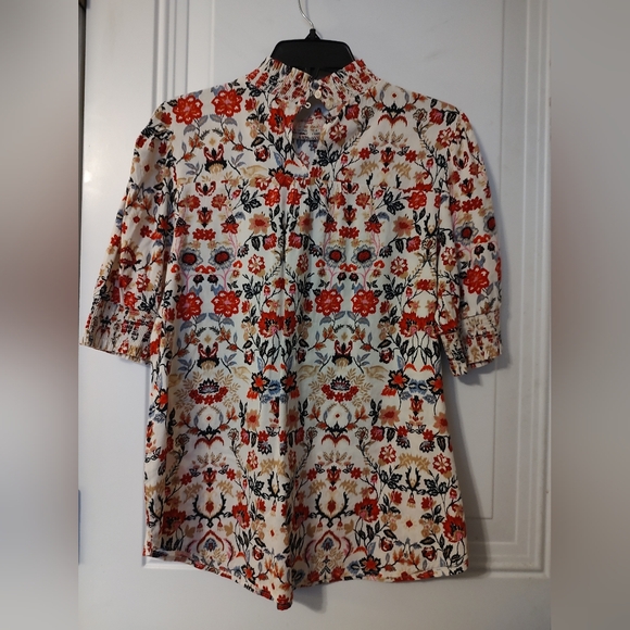 LOFT Floral Cream Blouse with Red and Navy Accents - Picture 2 of 8